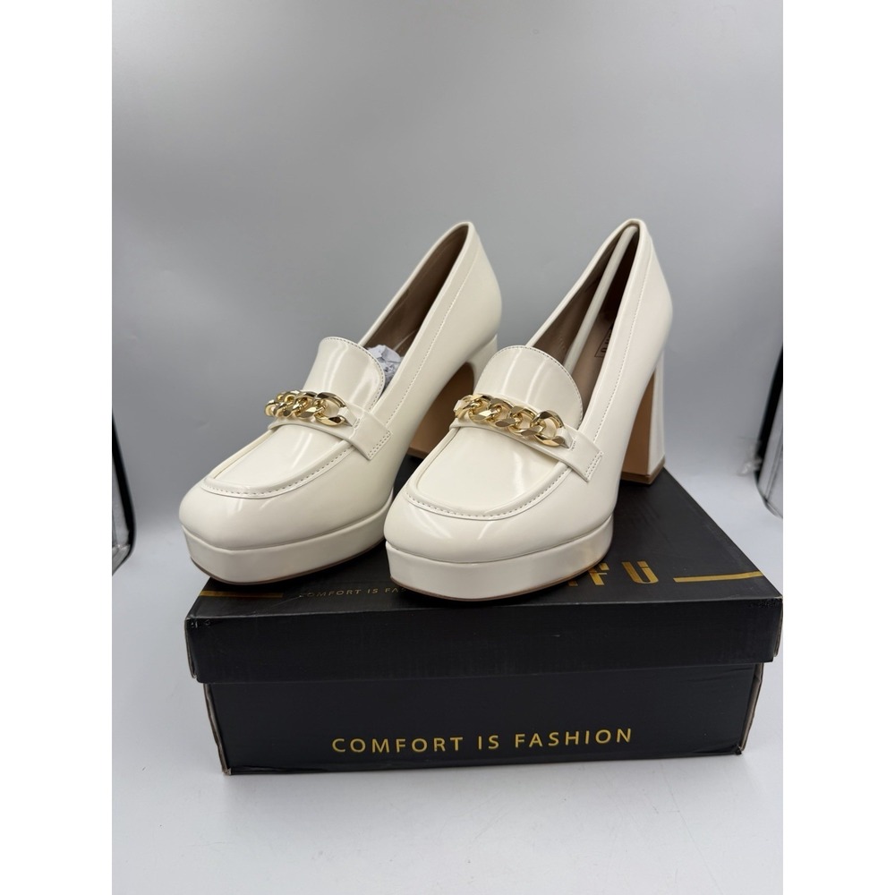 NIB IDIFU White Platform Heels Square Closed Toe Chunky Block Gold Chain Size 10